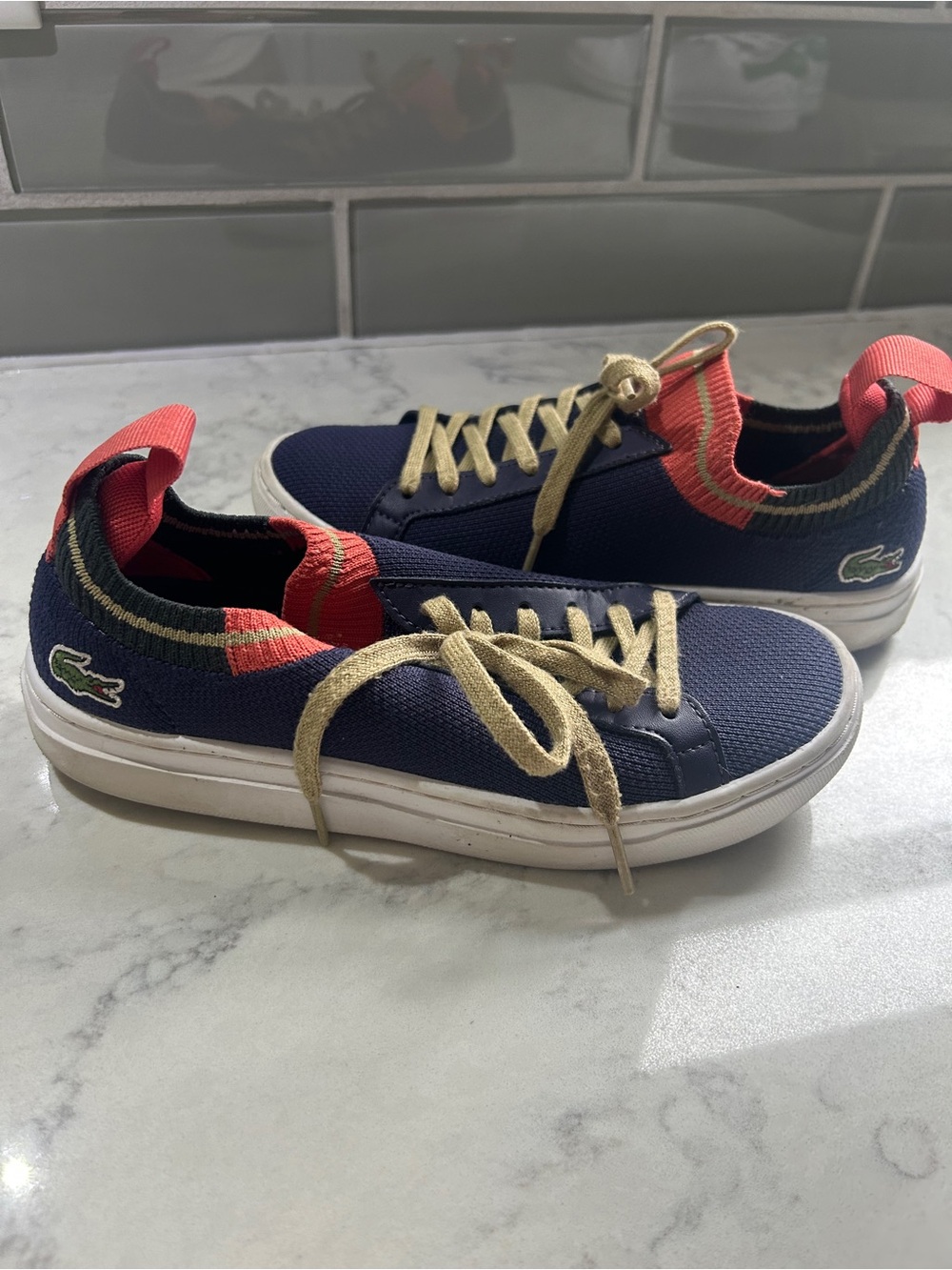 Lacoste Kids Navy Knit Sneakers with Coral Trim and Tan Laces